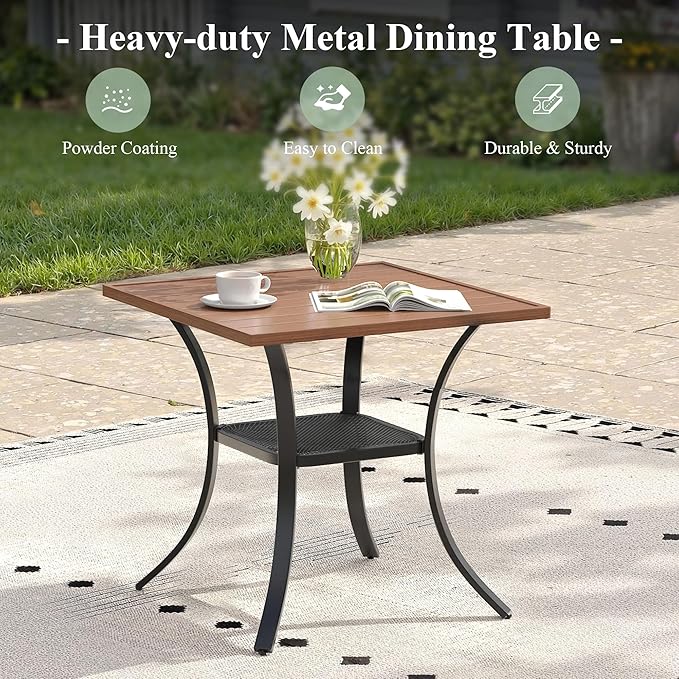 Outdoor Dining Table with Storage Shelf, 27.5" All-Weather Square Patio Dining Table for 2, Metal Patio Table for Garden Lawn Porch Deck Yard, Walnut