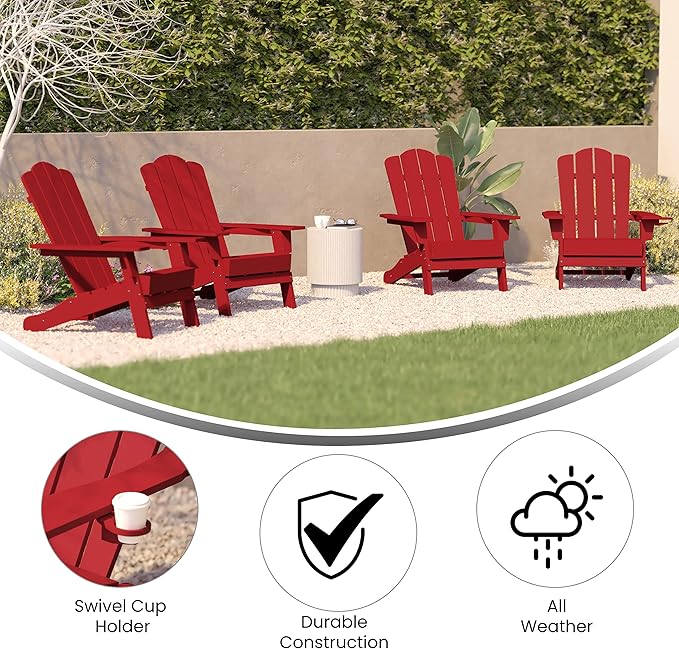 Flash Furniture Newport Adirondack Chairs with Cup Holders, Weather Resistant Poly Resin Adirondack Chairs, Set of 4 - Photo 5