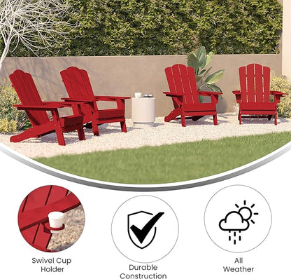 Flash Furniture Newport Adirondack Chairs with Cup Holders, Weather Resistant Poly Resin Adirondack Chairs, Set of 4, Red