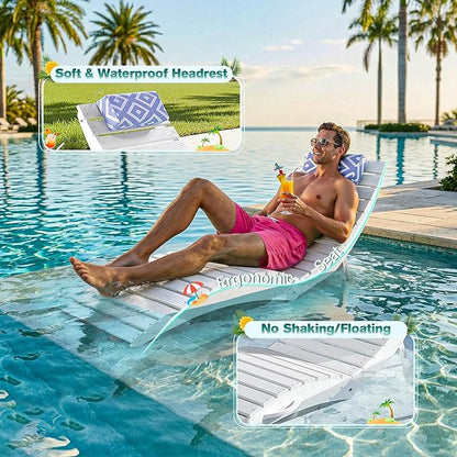 nalone Folding Pool Lounge Chairs Set of 2, HDPE Outdoor Pool Chaise Lounge with Pillow, Pre-Assembled Tanning Chairs with Wheels for Pool Beach Patio (2, White)