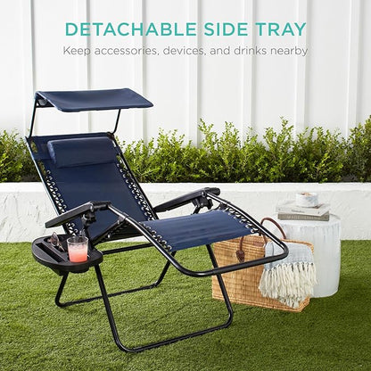 Best Choice Products Folding Zero Gravity Outdoor Recliner Patio Lounge Chair w/Adjustable Canopy Shade, Headrest, Side Accessory Tray, Textilene Mesh - Navy
