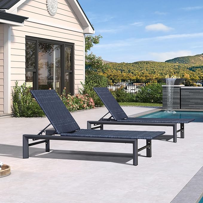 PURPLE LEAF Oversize Patio Wicker Chaise Lounge 2 Piece, Aluminum Outdoor Pool Lounge Chair with Adjustment Backrest, Breathable Lounger Sunbath Tanning Recliner for Poolside, Garden, Navy Blue