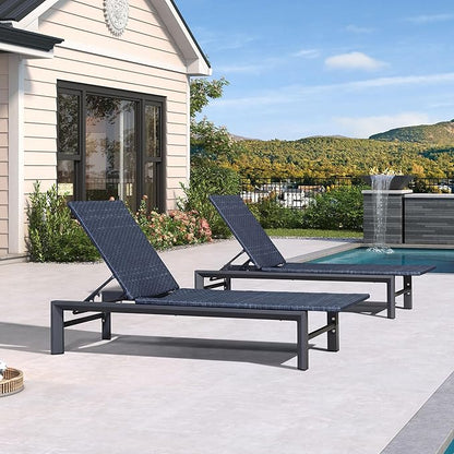 PURPLE LEAF Oversize Patio Wicker Chaise Lounge 2 Piece, Aluminum Outdoor Pool Lounge Chair with Adjustment Backrest, Breathable Lounger Sunbath Tanning Recliner for Poolside, Garden, Navy Blue