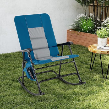 Goplus Oversized Folding Rocking Chair, Padded Patio Lounge Rocker w/Metal Frame, Armrests, Side Pocket, Lightweight Portable Rocking Chair for Backyard Camping Travel, Supports up to 500 lbs(2,Blue)