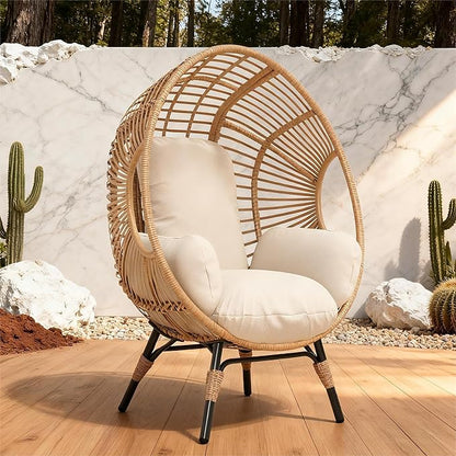 Patio Egg Chair, Oversized Outdoor Wicker Egg Chair with 8" Thick Cushion, PE Rattan Lounge Chair with Steel Frame for Balcony, Backyard, Garden, Sunroom, Beige