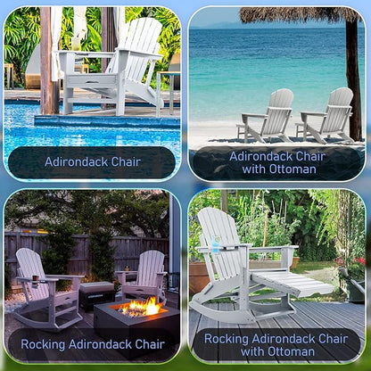 FUNBERRY Adirondack Rocking Chairs Set of 2, Multifunctional 4-in-1 Porch Rocker with Retractable Ottoman & Cup Holder HDPE All Weather