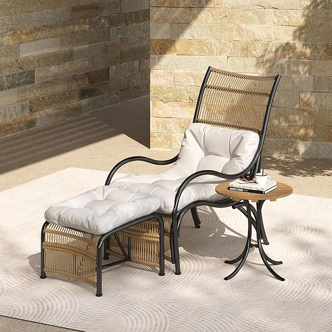 Christopher Knight Home Hanley Patio Wicker Lounge Chair with Ottoman Footrest+Coffee Table, 3-Piece Outdoor Furniture Set for Porch/Balcony/Deck/Backyard, Metal Frame+Soft Cushions,Beige+Black+Brown