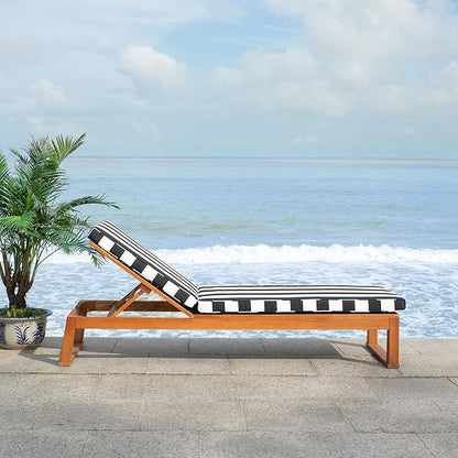 SAFAVIEH Outdoor Collection Solano Natural Brown Solid Wood/Navy Blue & White Stripe Cushion Patio Adjustable Chaise Lounge Chair (PAT7024H)
