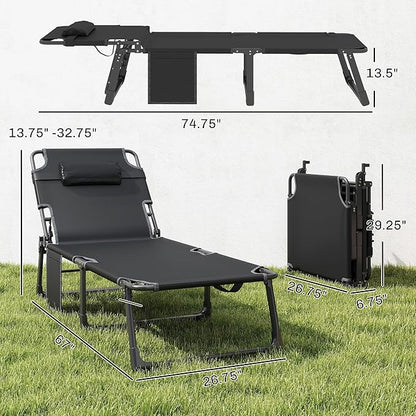 Outsunny Chaise Lounge Chair Outdoor Set of 2, 5-Position Reclining Pool Lounge Chairs with Cushions, Side Pocket, Headrest, Folding Lounger Tanning Chair Camping Cot for Patio, Beach, Dark Gray/Blue
