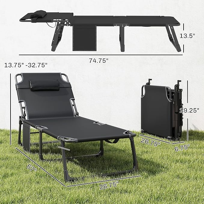 Outsunny Chaise Lounge Chair Outdoor Set of 2, 5-Position Reclining Pool Lounge Chairs with Cushions, Side Pocket, Headrest, Folding Lounger Tanning Chair Camping Cot for Patio, Beach, Dark Gray