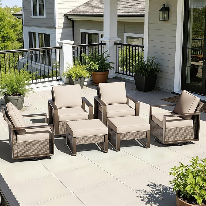 6 Pieces Metal Wicker Patio Furniture Set - Four Swivel Chairs and Two Ottomans - Photo 9
