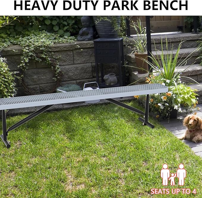 Park Benches for Outside, 8 ft Long Gray Metal Porch Bench Furniture Patio Seating, Industrial Bench Commercial Expanded Metal Mesh Benches for Garden, Lawn, Backyard, Park, Deck, Patio, School