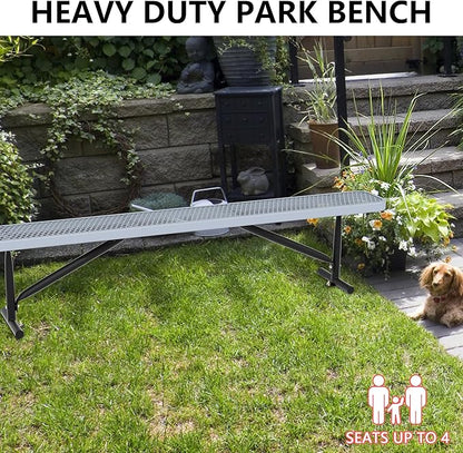 Park Benches for Outside, 8 ft Long Gray Metal Porch Bench Furniture Patio Seating, Industrial Bench Commercial Expanded Metal Mesh Benches for Garden, Lawn, Backyard, Park, Deck, Patio, School