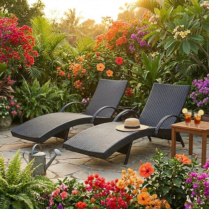 OVENTA Outdoor Wicker Patio Chaise Lounge Chair Set of 2, Black Rattan Pool Furniture Lounger for Outside Poolside Lounges, Jumbo Co Chaise Lounge Chairs, Wicker Patio Pool Furniture