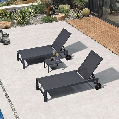 PURPLE LEAF Patio Lounge Chair Set for 2 Outdoor Chaise Lounge with Adjustable Backrests and Wheels Aluminum Reclining Pool Chair for Outside Yard Poolside Table Included, Dark Grey