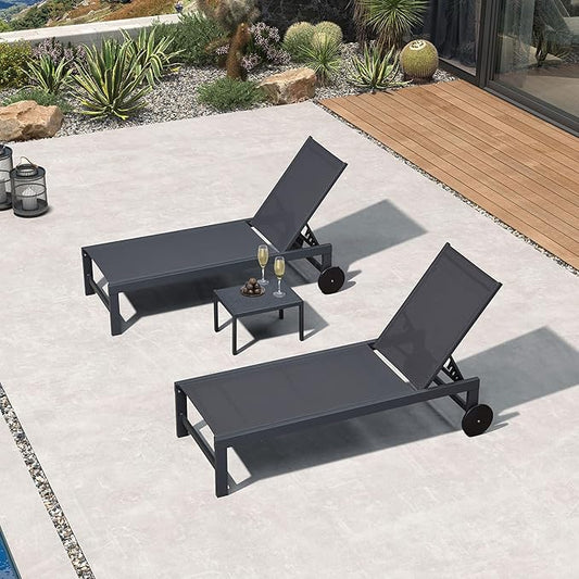 PURPLE LEAF Patio Lounge Chair Set for 2 Outdoor Chaise Lounge with Adjustable Backrests and Wheels Aluminum Reclining Pool Chair for Outside Yard Poolside Table Included, Dark Grey