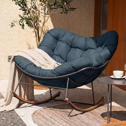 Grand patio Outdoor Rocking Chair, E-Coated Modern Cozy Lounge Rocker Chair with Cushion for Balcony Porch Patio, Navy Blue