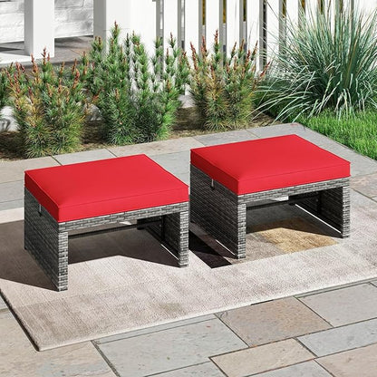 RELAX4LIFE Wicker Outdoor Ottoman Set of 2 - Rattan Footstools Foot Rest w/Removable Cushions, Multipurpose Side Table & Additional Seating, Outdoor Ottomans for Patio Garden Porch (Grey-Red)