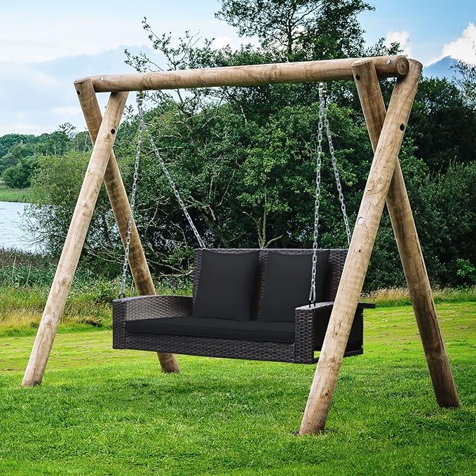 Tangkula 2-Person Wicker Porch Swing, Patiojoy Outdoor Rattan Hanging Swing Bench W/ 2 Back Cushions & 1 Seat Cushion - Photo 2