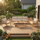 Merax Outdoor 5 Piece Patio Acacia Wood Conversation Set with Beige Cushions, Hand Woven Rope Design - Photo 3