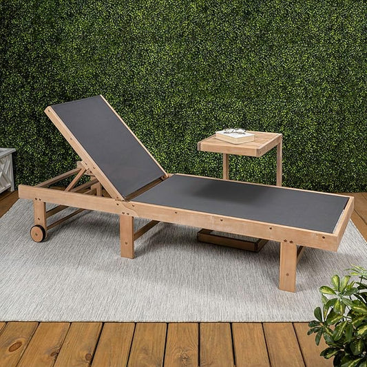 JONATHAN Y LNG1101B-2SET Trabuco Coastal Modern Acacia Wood Mesh 3-Position Outdoor Foldable Chaise Lounge Set with Side Table for Pool, Deck, Poolside, Dark Gray/Light Teak
