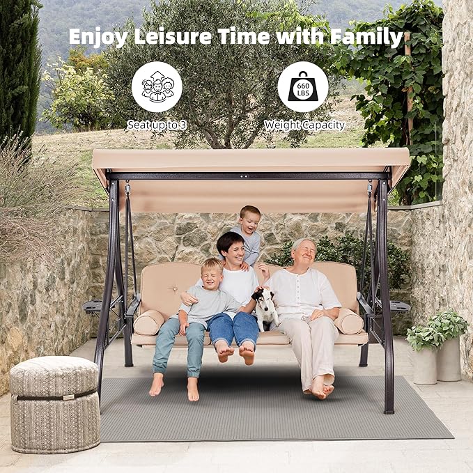 HOMREST 3 Seat Outdoor Porch Swing with 1.5" Deepened Cup Holder, Adjustable Canopy, Patio Swing Bed with Stand - Photo 7
