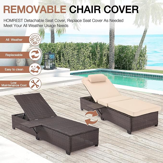 HOMREST PE Wicker Chaise Lounge Chairs Set of 6,Adjustable 5 Position Outside Rattanr Patio Pool Chair with Headrest,Cushion and Storage Rack for Poolside Backyard Porch,Khaki