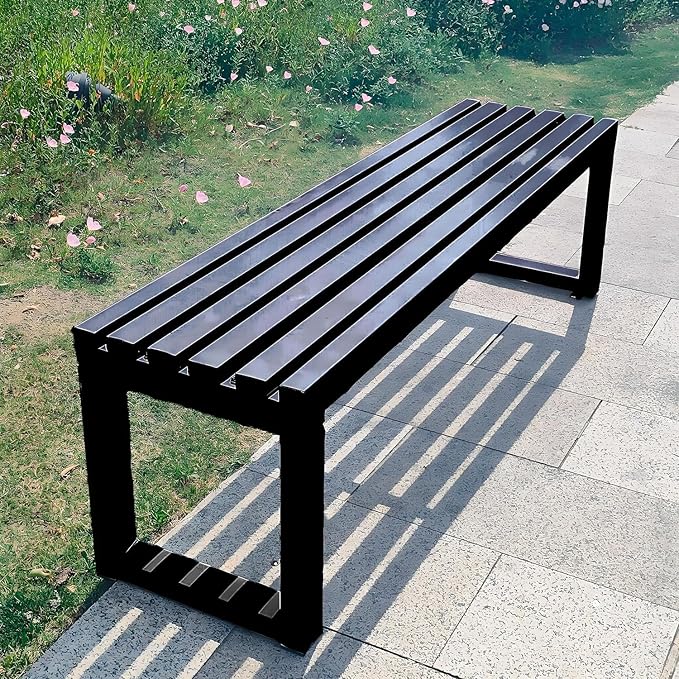 Durable Weatherproof Backless Metal Garden Bench | 47in Black Cast Iron Patio Seating for Outdoor Spaces, Parks, Lawns & Porches - Stylish & Long-Lasting Furniture