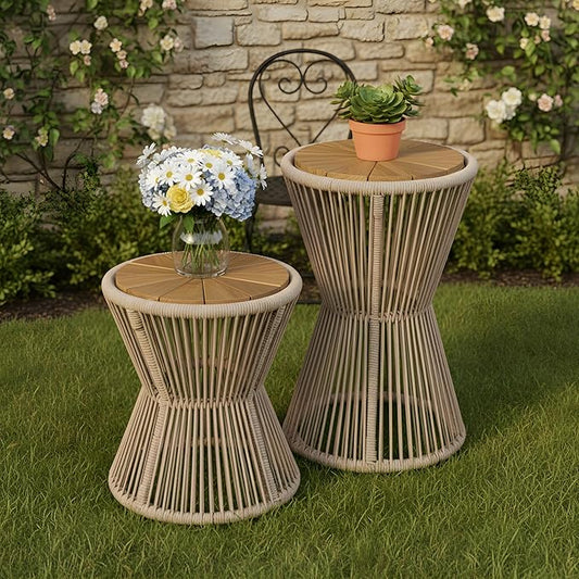 Merax Bohemian Round Outdoor Side Table Set of 2, 2 Pieces Patio Side Tables with Acacia Wood Top and Beige Handwoven Rope Base, for Garden, Pool, Balcony, Yard, Elegant Hourglass Design, No Assembly