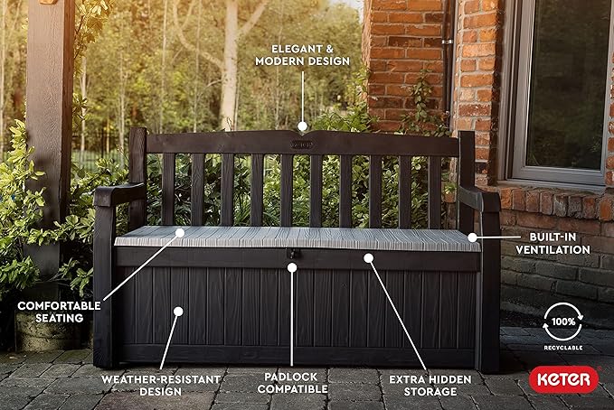 Keter Solana 70 Gallon Storage Bench Deck Box for Patio Storage, Front Porch Decor and Outdoor Seating – Perfect to Store Garden Tools and Pool Floats, Graphite