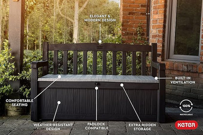 Keter Solana 70 Gallon Storage Bench Deck Box for Patio Storage, Front Porch Decor and Outdoor Seating – Perfect to Store Garden Tools and Pool Floats, Graphite