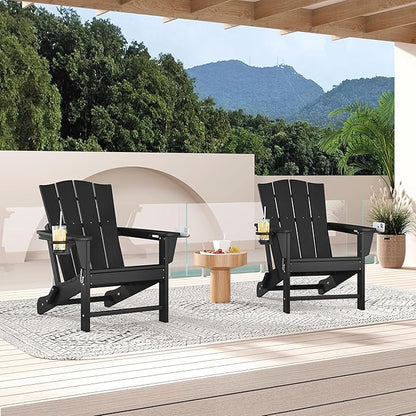 Yaheetech Folding Adirondack Chair Outdoor, HDPE Plastic Adirondack Chair with Cup/Mobile Phone Holder for Deck, Patio, Pool, Backyard, Weather Resistant, Wooden Texture, Easy Assembly Black