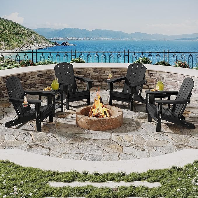 Folding Adirondack Chair Set of 2 with Side Table, All-Weather HDPE Outdoor Chair, Wooden Textured with Cup Holder for patios, Decks, Gardens, fire pits, Black
