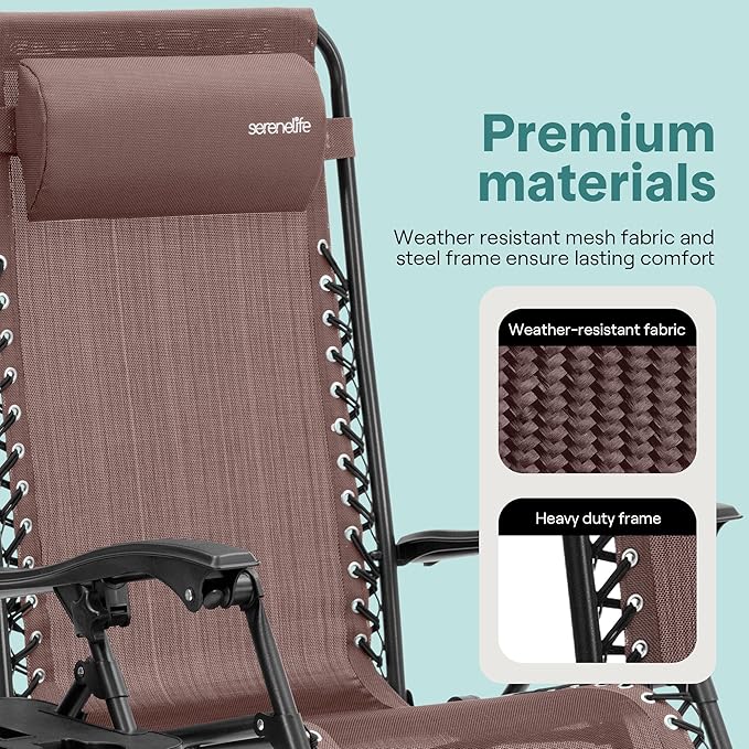 SereneLife Outdoor Zero Gravity Lounge Chair Set with Table – 2 Adjustable Recliners with Cup Holders, Headrest - Photo 7