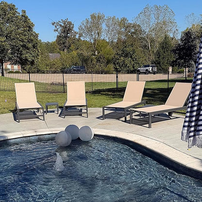 PURPLE LEAF Outdoor Chaise Lounge with Wheels for Outside 4 Pieces Aluminum Patio Lounge Chair with 5 Adjustable Position Recliner for Patio, Beach, Yard, Pool, Side Table Included, Beige