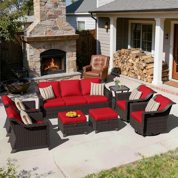 8 Pieces Patio Conversation Furniture Set - 1 Sofa, 2 Ottomans, 2 Armchairs, 2 Swivel Chairs, 1 Side Table, Outdoor Wicker Furniture with Removable Cushions for Porch, Sunroom (Red)