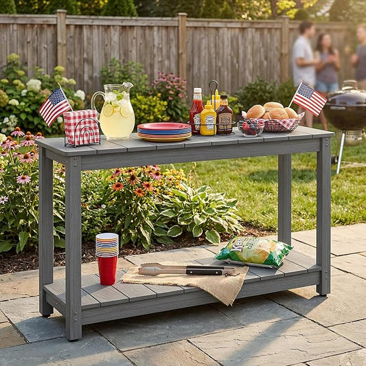 Outdoor Console Table, 48" Weather Resistant HIPS Patio Side Table, 440LBS Weight Capacity, 2-Tier Multifunctional Buffet Bar Storage Organizer for Garden Deck, Gray