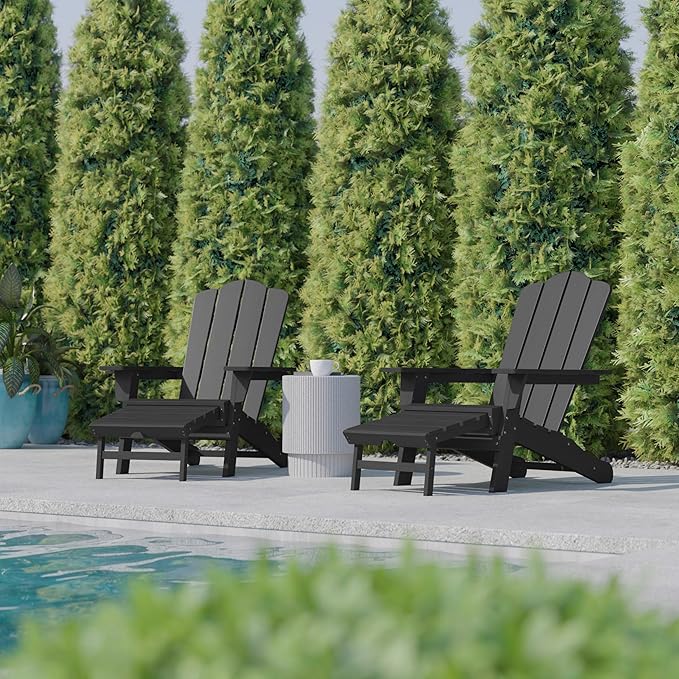 Flash Furniture Newport Adirondack Cup Holder and Pull Out Ottoman, All-Weather HDPE Indoor/Outdoor Lounge Chair, Set of 2, Gray