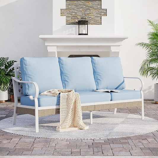 Metal Patio Sofa with 5.75" Extra Thick Cushion, 3-Seater Deep Seating & High-Back White Frame Outdoor Couch All Weather Outdoor Seating Furniture for Deck Gazebo Porch, Blue