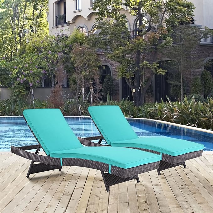 Modway Convene Wicker Rattan Outdoor Patio Chaise Lounge Chairs in Espresso Turquoise - Set of 2 - Photo 2