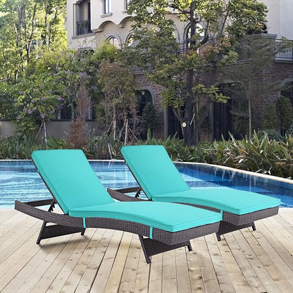 Modway Convene Wicker Rattan Outdoor Patio Chaise Lounge Chairs in Espresso Turquoise - Set of 2