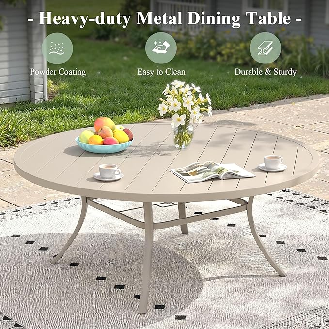 Outdoor Dining Table for 8, 63" Round Outdoor Table with Adjustable Umbrella Hole, All-Weather Metal Patio Dining Table for Lawn Garden Backyard Deck, Sandshell