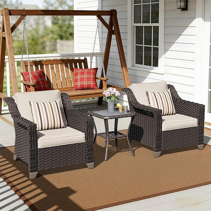 3 Pieces Patio Conversation Furniture Set - 2 Armchairs, 1 Side Table, Outdoor Wicker Furniture with Removable Cushions for Porch, Balcony, Deck, Sunroom (Beige)