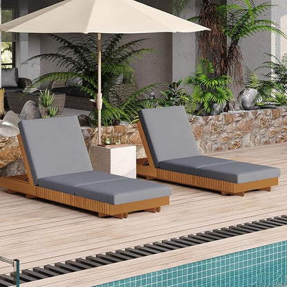 Merax 2-Piece Acacia Wood Chaise Lounge Set w/ 6-Position Adjustable Backrest & Cushion - Outdoor Patio Poolside Furniture, Grey