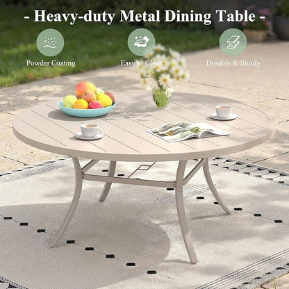Outdoor Dining Table for 8, 53" Round Outdoor Table with Adjustable Umbrella Hole, All-Weather Metal Patio Dining Table for Lawn Garden Backyard Deck, Sandshell