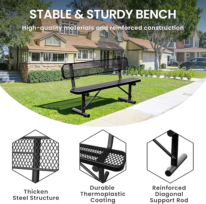 6 Feet Heavy Duty Metal Park Bench for Outside, Outdoor Bench with Backrest & Portable Frame - Photo 3