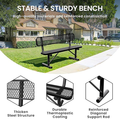6 Feet Heavy Duty Metal Park Bench for Outside, Outdoor Bench with Backrest & Portable Frame, Commercial Benches for Shopping Malls, Stores, Parks, Patios, Decks, Black