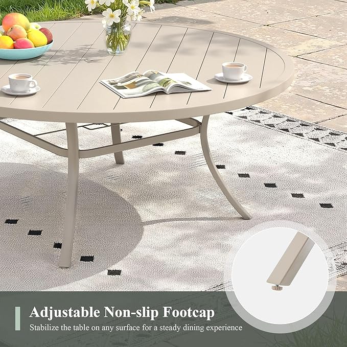 Outdoor Dining Table for 8, 60" Round Outdoor Table with Adjustable Umbrella Hole, All-Weather Metal Patio Dining Table for Lawn Garden Backyard Deck, Sandshell