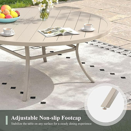 Outdoor Dining Table for 8, 60" Round Outdoor Table with Adjustable Umbrella Hole, All-Weather Metal Patio Dining Table for Lawn Garden Backyard Deck, Sandshell