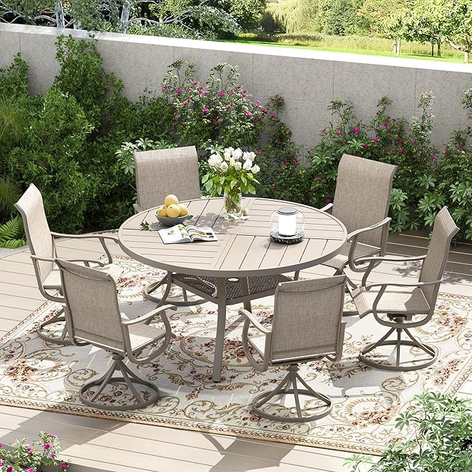 Patio Dining Table for 4-6, Round Metal Outdoor Table with Storage Shelf, 1.57" Umbrella Hole, 47" Outdoor Quartered Tabletop Dining Table for Backyard, Porch, Lawn, Sand